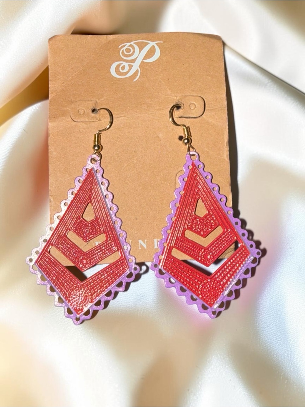 Red & Purple Layered Geometric Statement Dangle Earrings - Picture 3 of 4